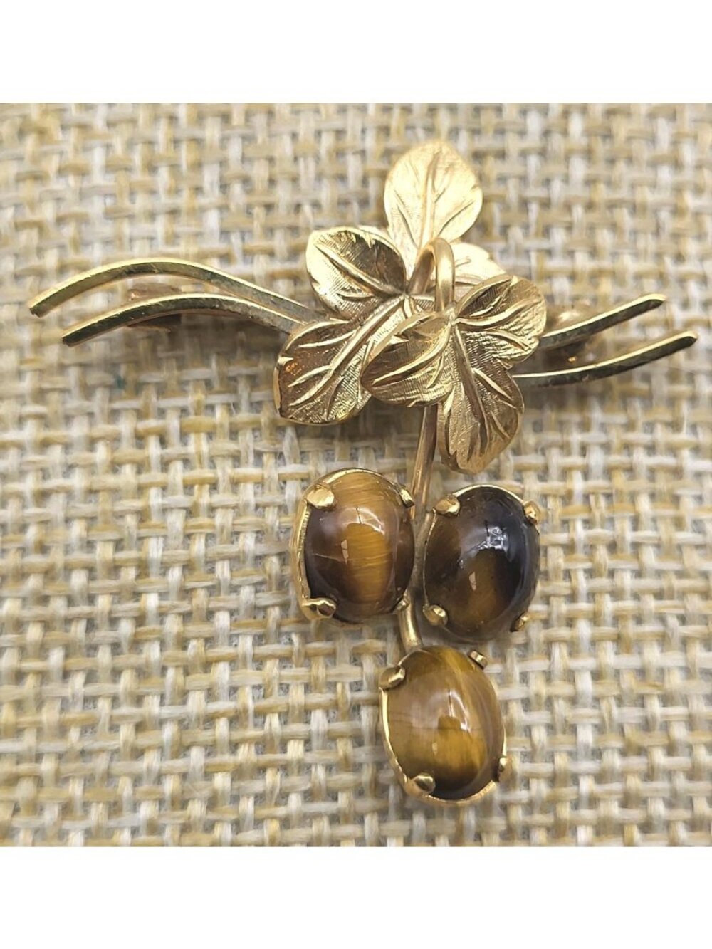 Vintage 14K GF Wells Brooch Pin Tigers Eye Gold Filled leaf clover